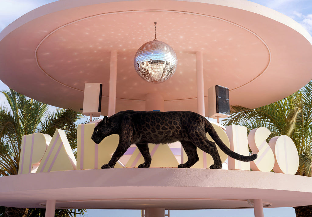 Paradiso Art Hotel in Ibiza with a black leopard and disco ball.