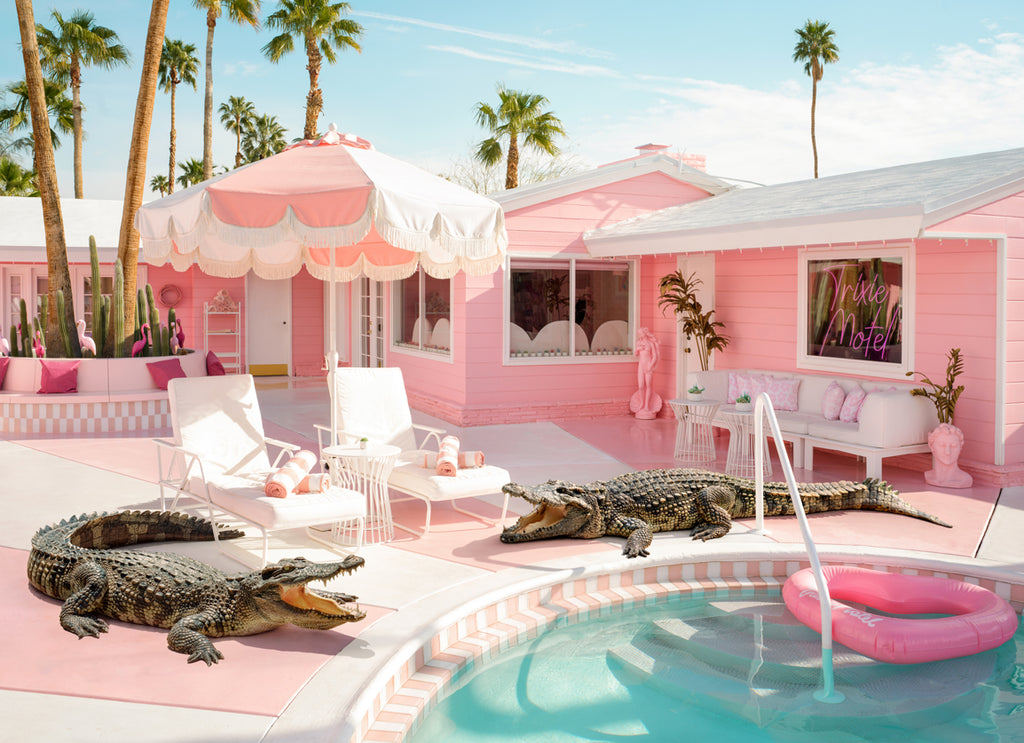 Crocodiles by the pool at the pink Trixie Motel, fine art photography by Paul Fuentes.